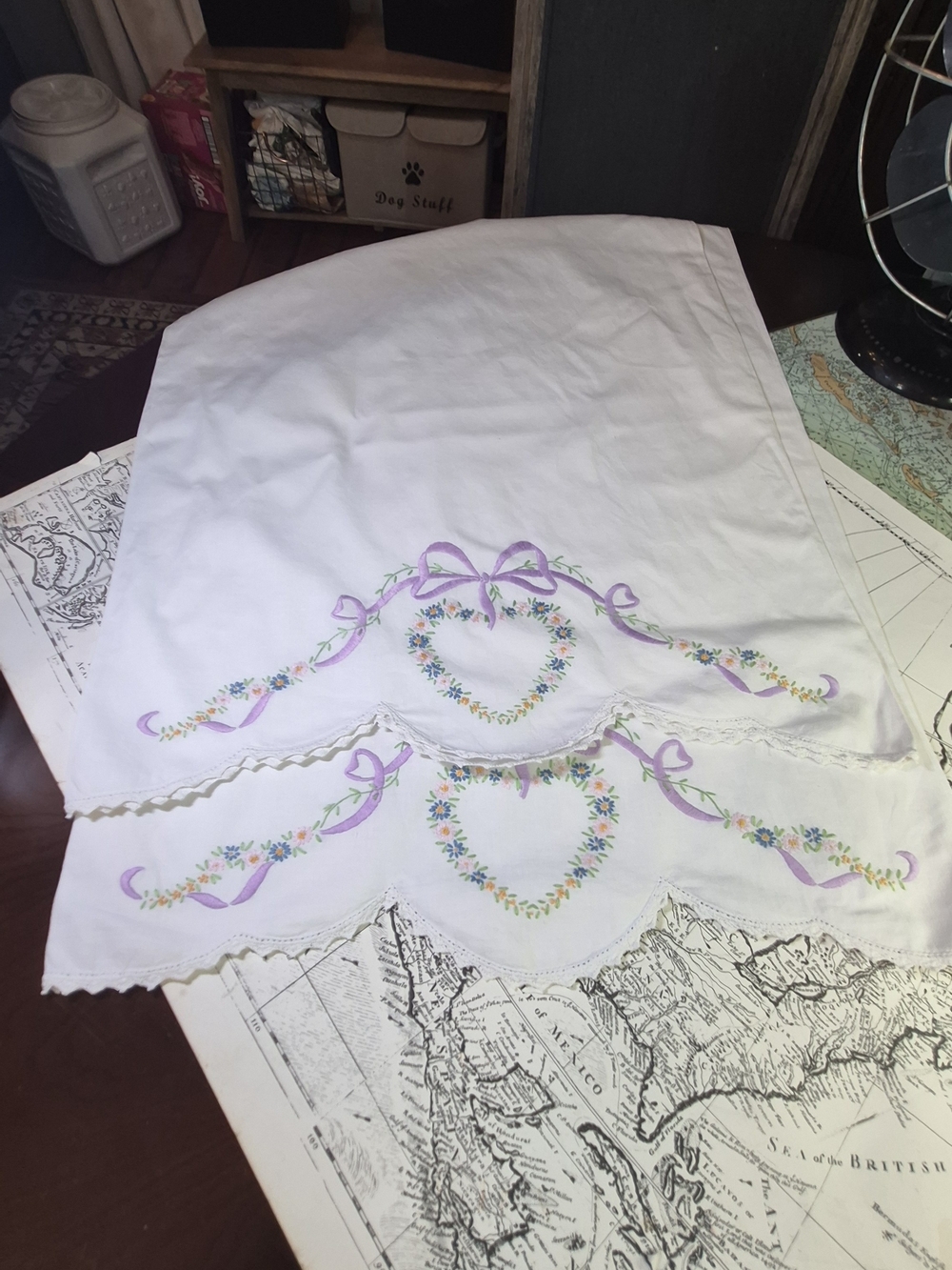 White Pillowcase Pair with Lavender Heart Embroidery